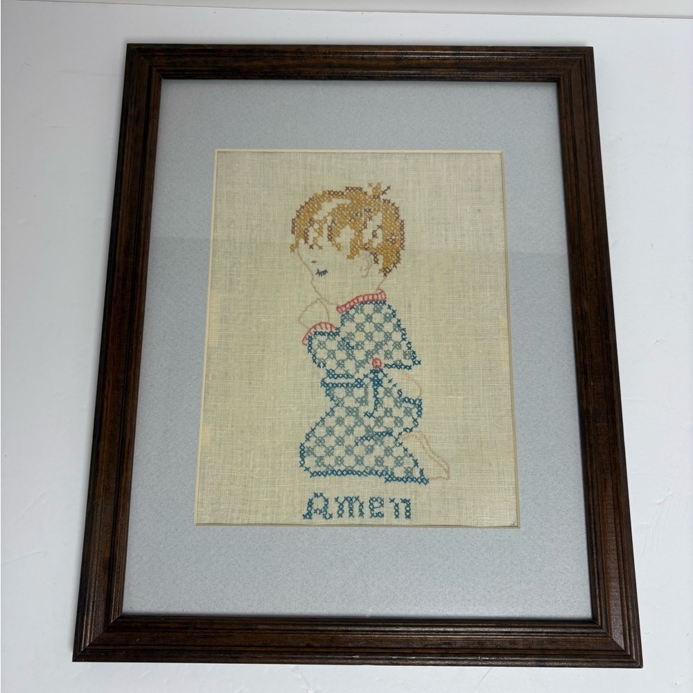 Framed Vintage Cross-Stitch Praying Baby Boy in newer frame
